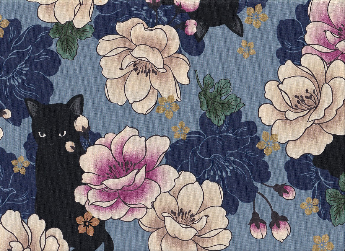 Reststück Wachstuch Katzen & Blumen blau 37 x 110 cm