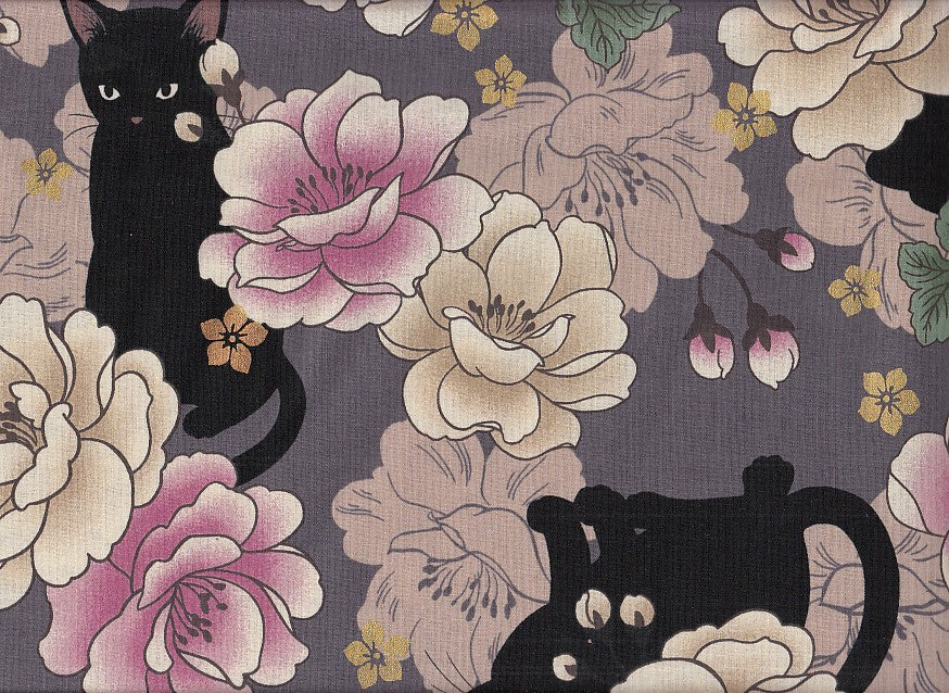 Reststück Wachstuch Katzen & Blumen flieder 100 x 110 cm