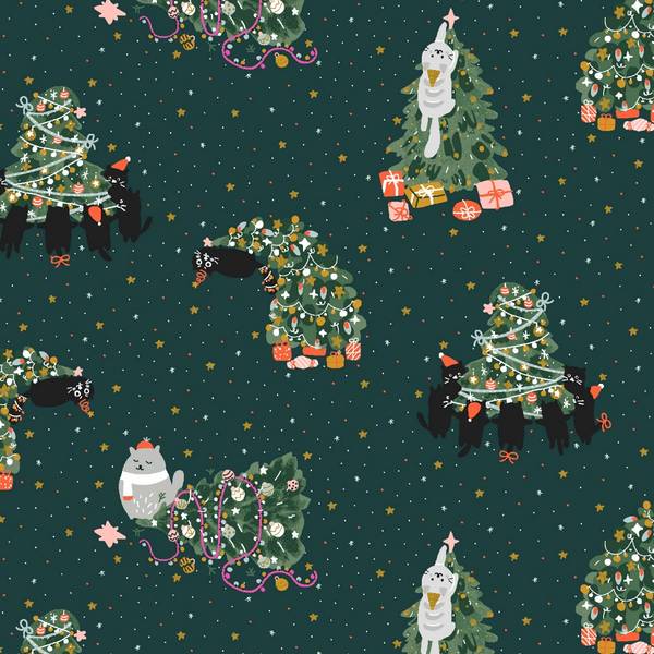 Cotton & Steel Rockin' Around The Catmas Tree Metallic