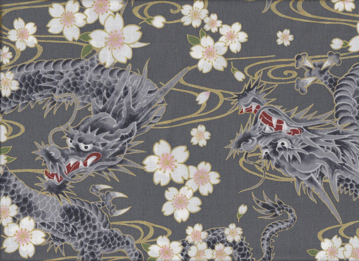Wachstuch Drache & Sakura grau