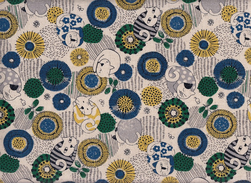 Reststück Wachstuch Katzen & Blumen blau 60 x 110 cm