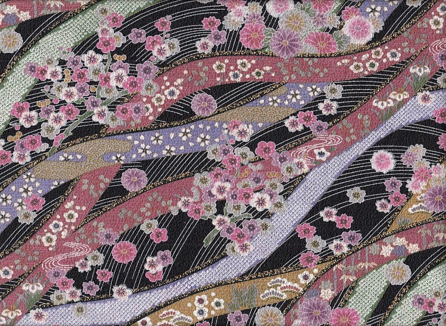 Blumen auf Wellen schwarz Chirimen