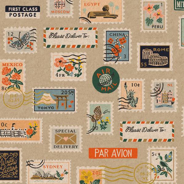 Cotton & Steel Bon Voyage - Postage Stamps - Natural Unbleached Canvas Metallic
